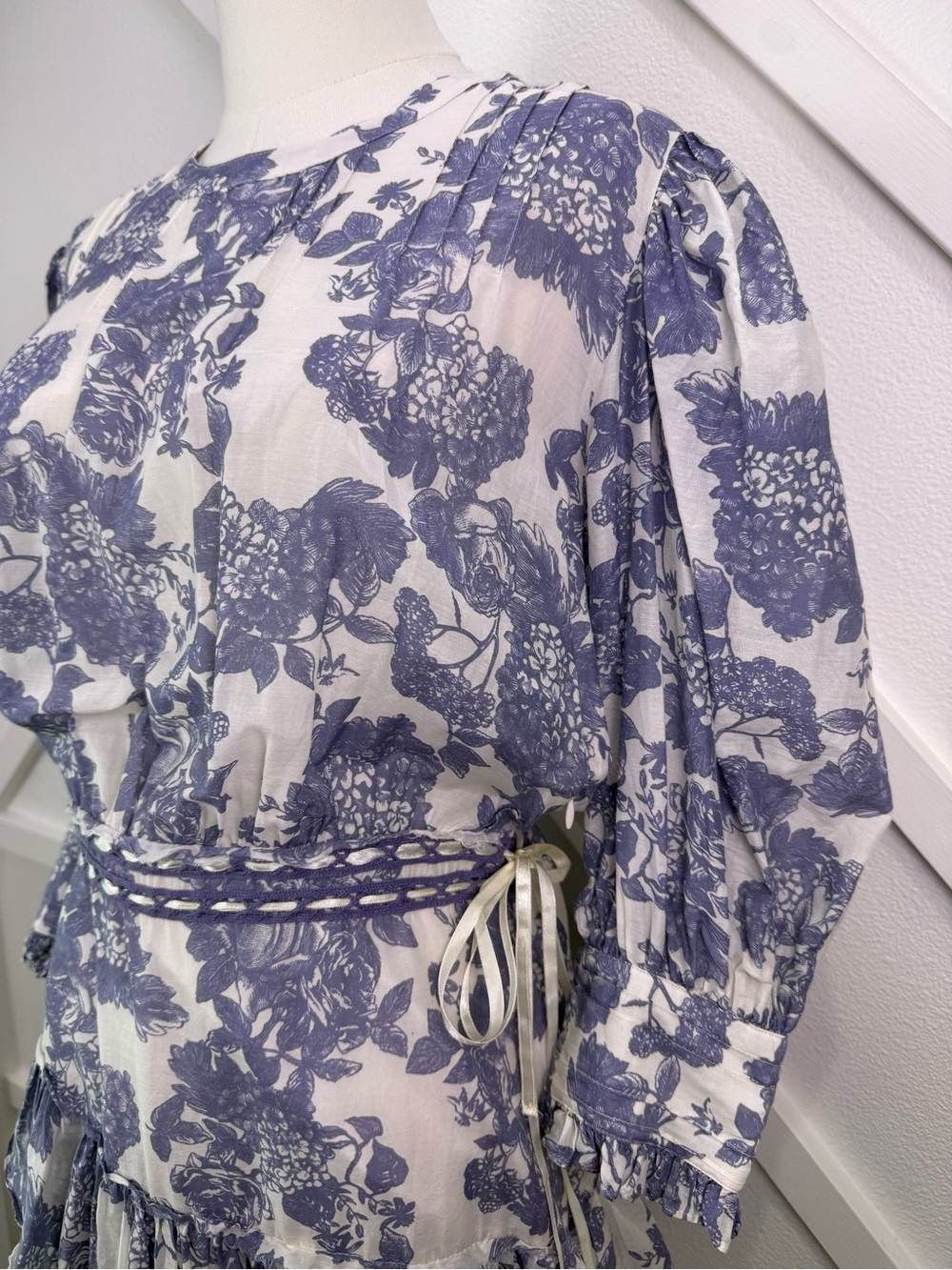 LoveShackFancy Lorelei Ruffle Floral Silk Blend Mini Dress Blue White Size 8 - Picture 4 of 16